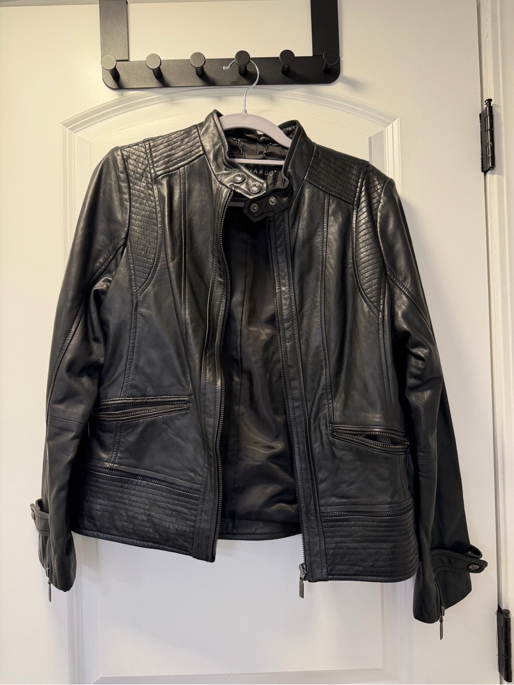 Bernardo Black Quilted-Detail Leather Moto Jacket